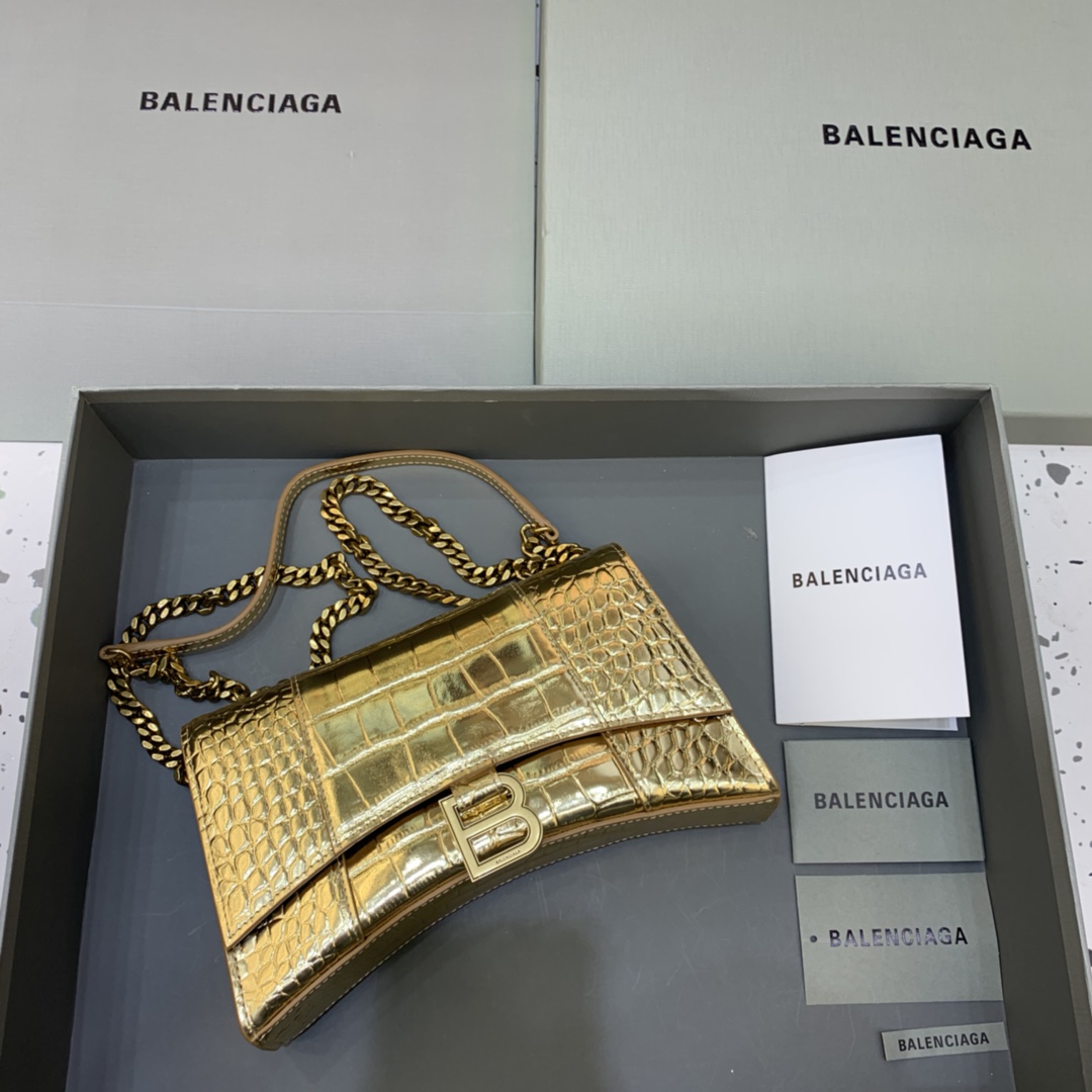 Balenciaga Big Hourglass Wallet With Chain Crocodile Embossed Shoulder Bag Gold